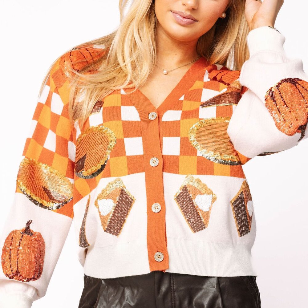 QUEEN OF SPARKLES Orange & White Pumpkin Sequin Cardigan